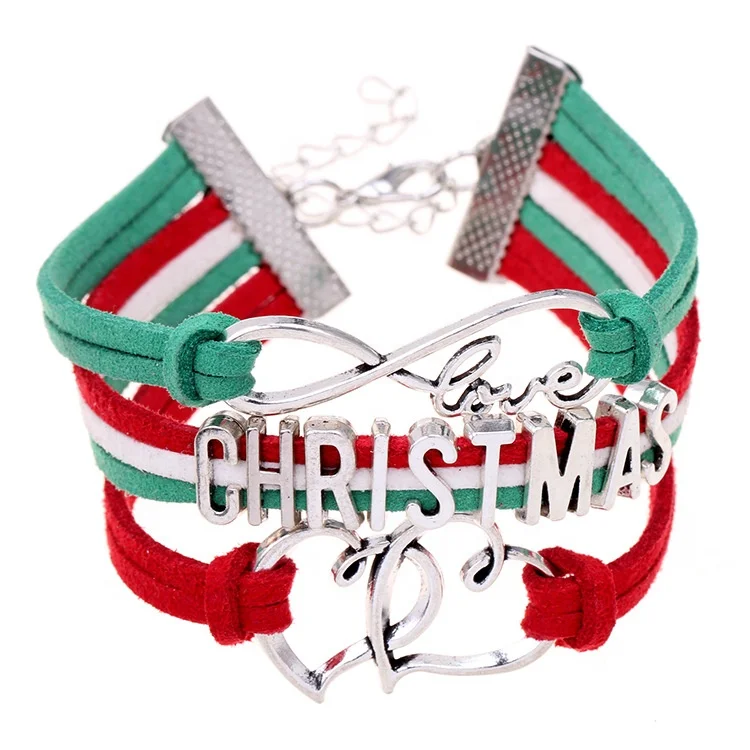 

Wholesale Christmas gift woman jewelry stainless steel charms double heart shape DIY letters red and green hand braided ropes, Silver