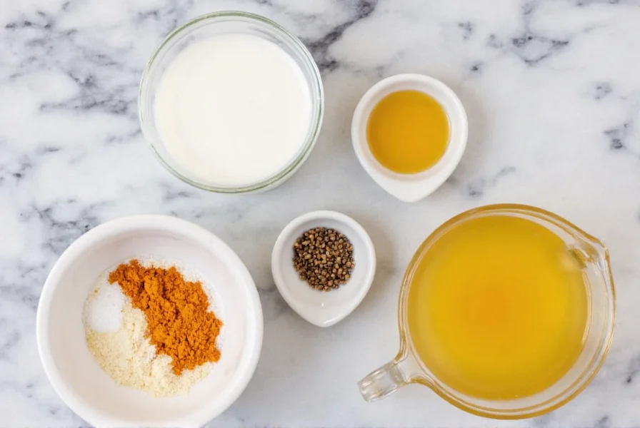 Golden milk recipe ingredients including turmeric, black pepper, coconut milk, and honey arranged on a kitchen counter