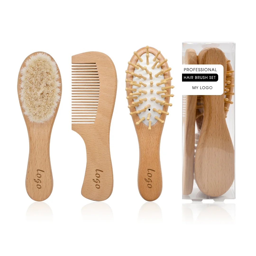 

Customized Logo 15 CM Wooden Baby Hair Brush And Comb Set Soft Nylon Or Goat Bristle Brush For Newborn