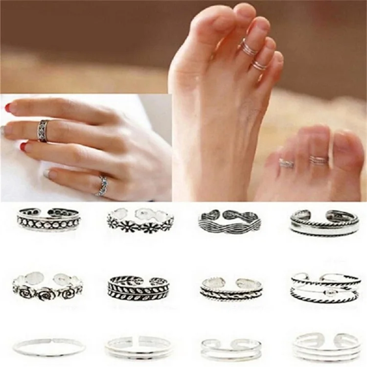 

12PCs/set Celebrity Jewelry Retro Silver Adjustable Open Toe Midi Ring Finger Foot, Picture shows