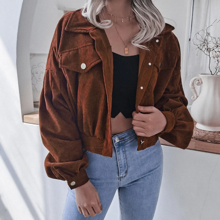 

Fashion Women Loose Winter Jackets Puff Sleeve Corduroy Jacket Casual Single Button Crop Coats, Wine, purple, khaki black, brown, blue