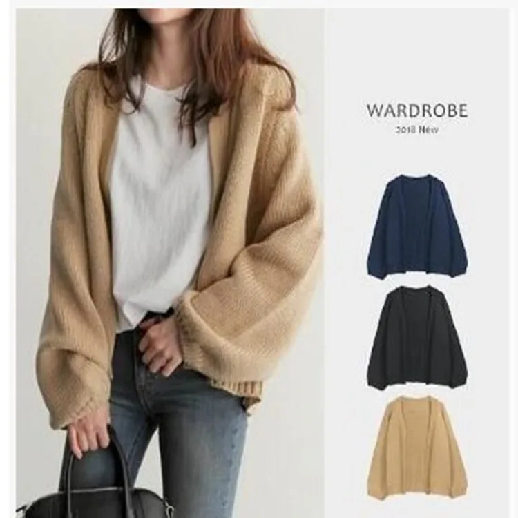 

Winter Puff Sleeve V Neck Korean Fashion Oversize Knit Sweater Cardigan For Women, Multi