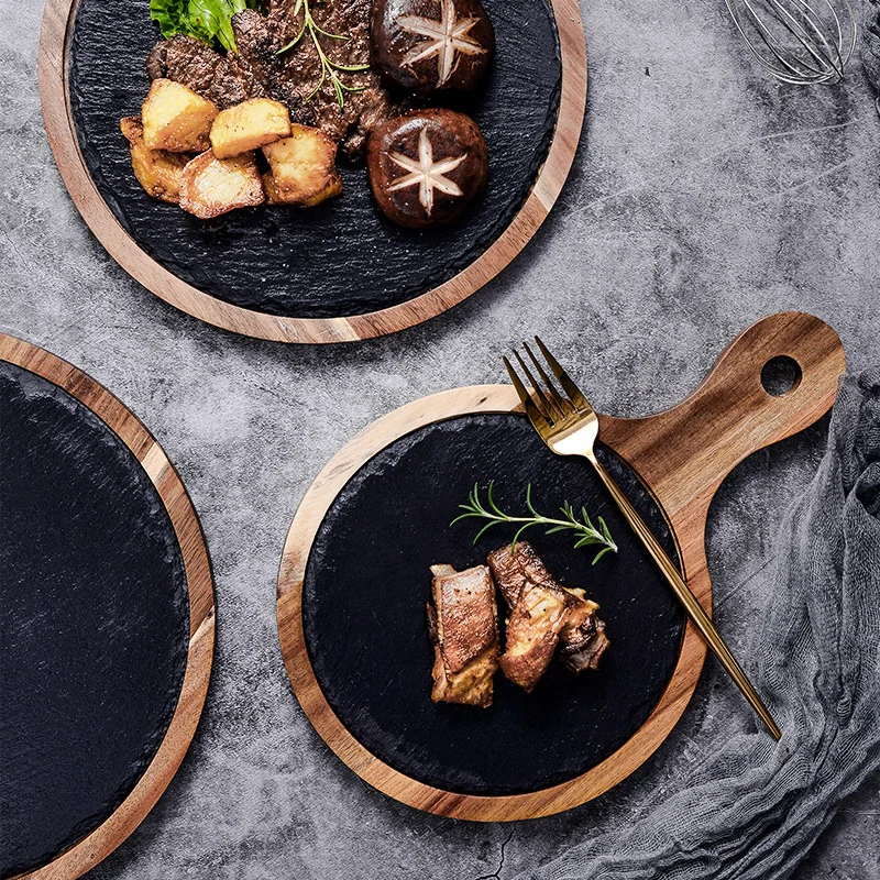 

Round steak plate tray with handle on slate wood base for sushi desserts and fruits, Black