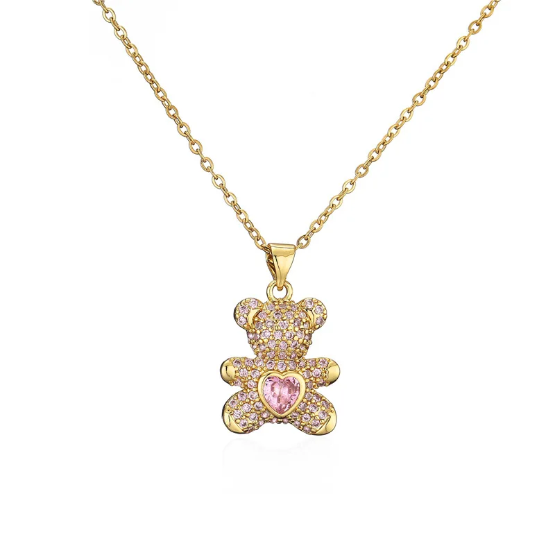 

Dr. Jewelry Turquoise Pink Gemstone Micro Full Diamond CZ Gummy Dainty Teddy Bear Necklace For Christmas Gift, See picture