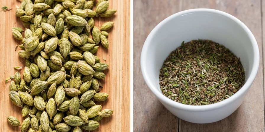 Chef toasting dried herbs in a pan before grinding