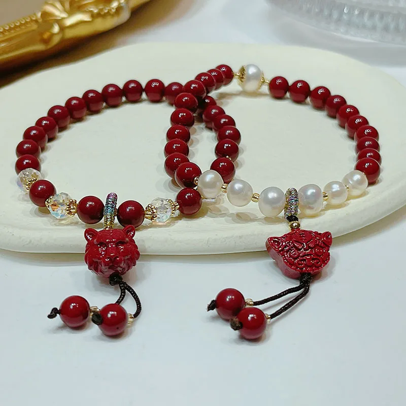 

Tiger Year Cinnabar Bracelet Female New Year Natal Year Cinnabar Bracelet Transfer Safe Retro Simple Tiger Head pearl Bracelet, As a picture