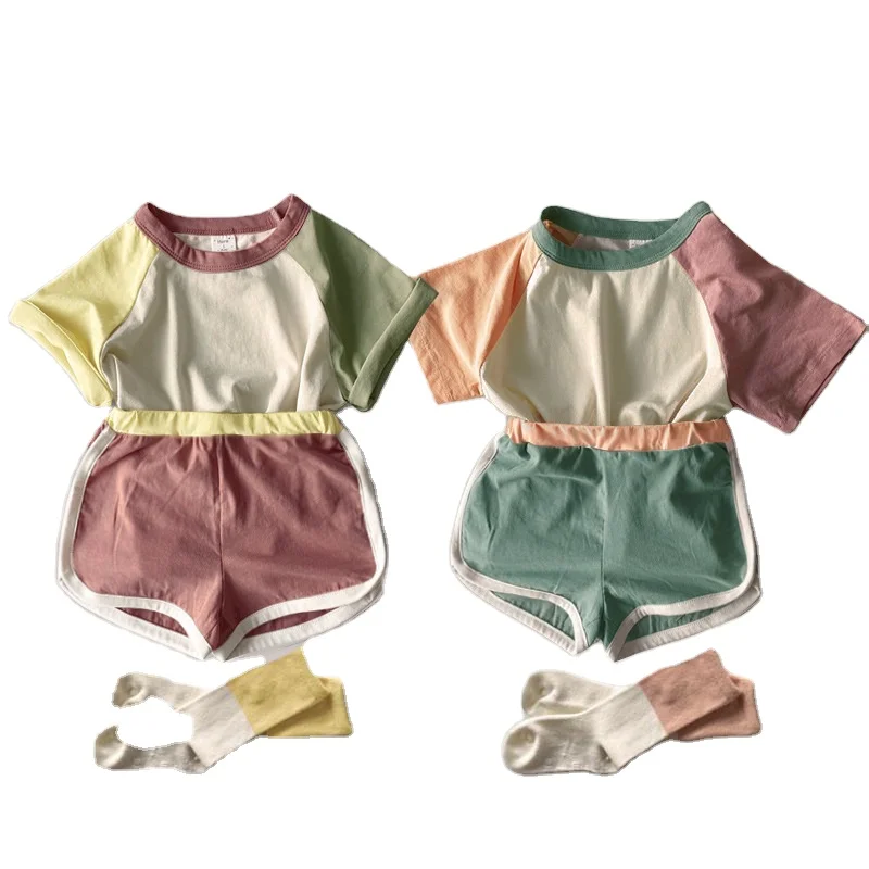 

Boys Girls Summer Sports Two Pieces Contrast Color Blocks Raglan Short Sleeve Shirts Shorts Cotton Baby Set, Solid