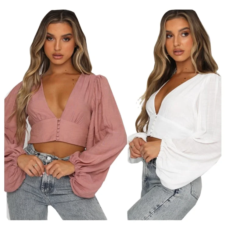 

High quality ladies deep v neck puff sleeve women button up wrap shirts