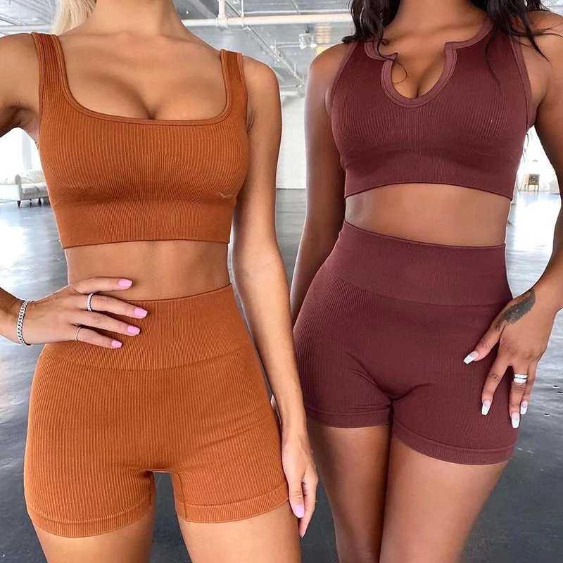

Women Yoga Short Set Good Quality 2021 Sexy U and Square Neck with High Waisted Active Wear Two Piece Yoga Set, Customized colors