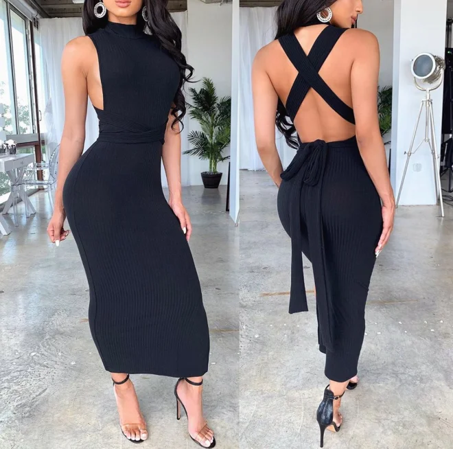 

2020 new arrival women casual long dress o neck strap solid bodycon dress with lady