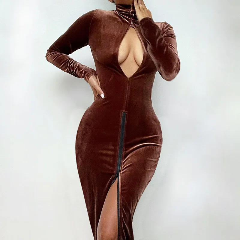 

Autumn Winter Hollow Out Design Dresses Women's Sexy Bodycon Velvet Dress For Lady