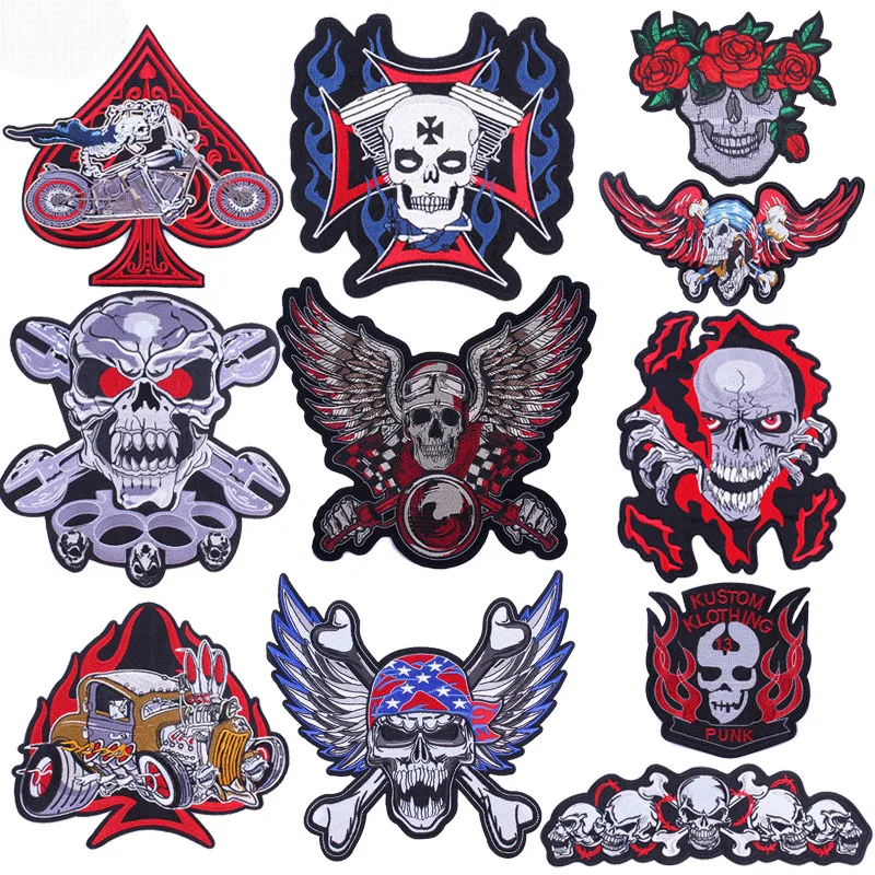 

New Skull Punk Big Back Logo Embroidered Cloth Sticker Garment Embroidered Locomotive Patch Sticker
