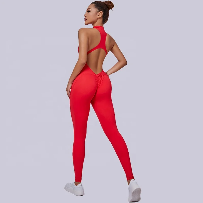 Women Full Length Stretchy Compression Front Zipper Scrunch Butt Yoga Bodysuit