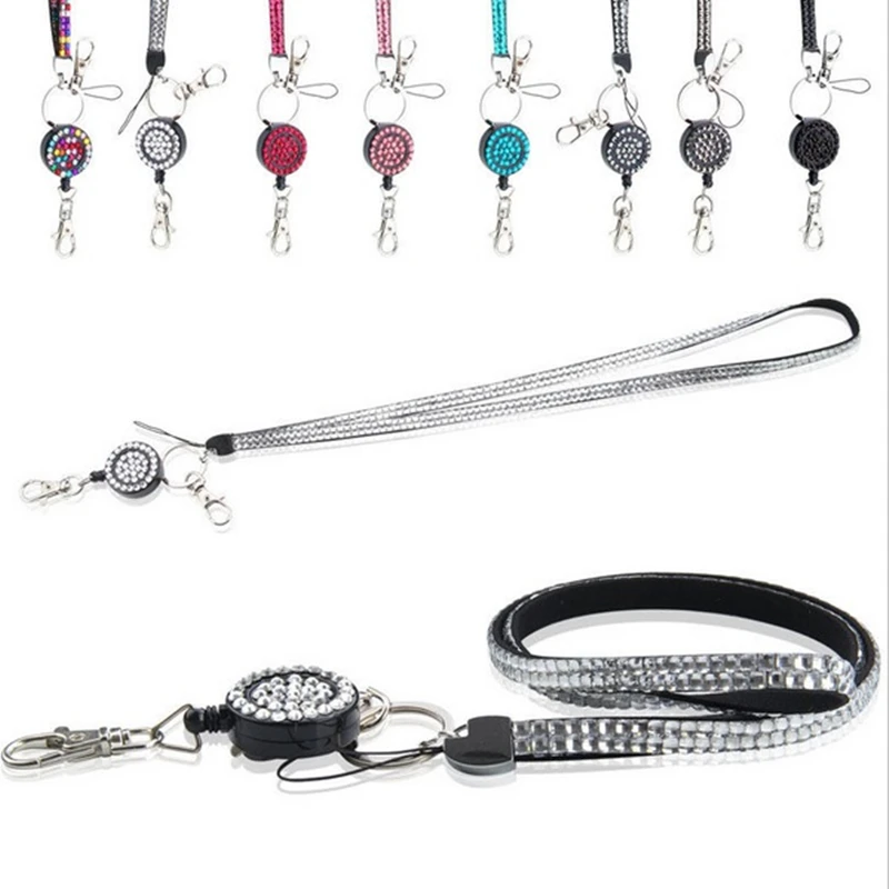 

Free shipping retractable bling crystal rhinetone lanyard for ID badge holder, key chain, cell phone, Many colors are available