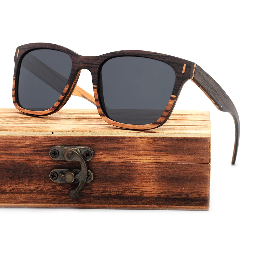 

High quality square recycled walnut full wood polarized sunglasses for men