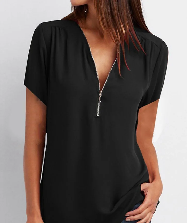 

Women Chiffon Short Sleeve T-Shirt Solid Color Loose Zipper Tops