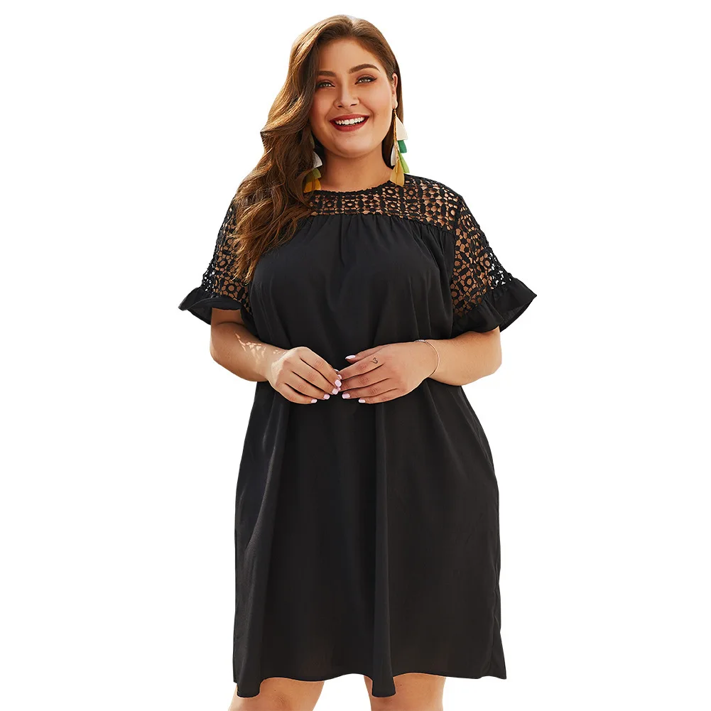 

Summer new lace solid color short sleeve dropshipping clothing plus size sexy casual elegant black dress