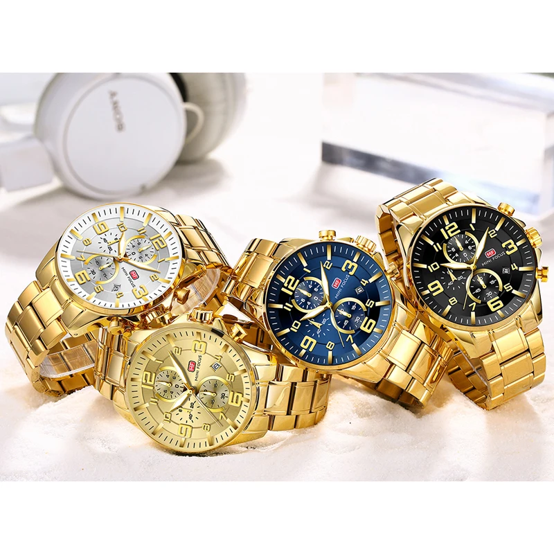 

Mini Focus MF0278G Chronograph Luminous Fashion Gold Mens Stainless Steel Strip Quartz Wrist Watches Top Brand Luxury Watch