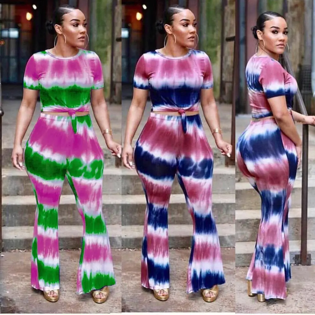 

2020 Summer Printed Wide Leg Flare Pants Sexy Tie Dye Women Two Piece Set