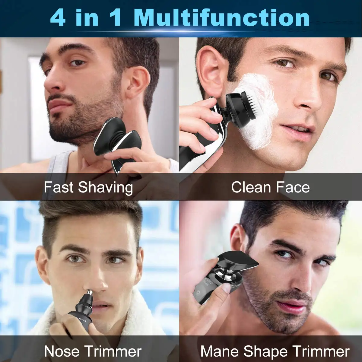 
4 In 1 Dry Wet Waterproof Electric Shaver for Men Rechargeable Beard Trimmer USB Cordless Nose Trimmer Facial Cleaning Brush 