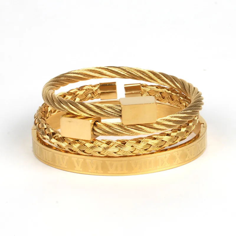 

European Hot Selling High Quality Hip Hop Punk Men's 18K Gold Stainless Steel Roman Bangle Twist Braided Cuff Bangle Set