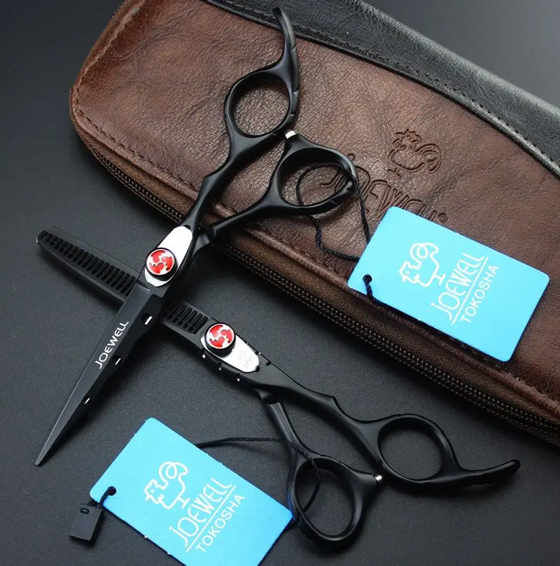 

Free shipping JOEWELL 6.0 inch black Baking paint Flame screw cutting/ thinning hair scissors