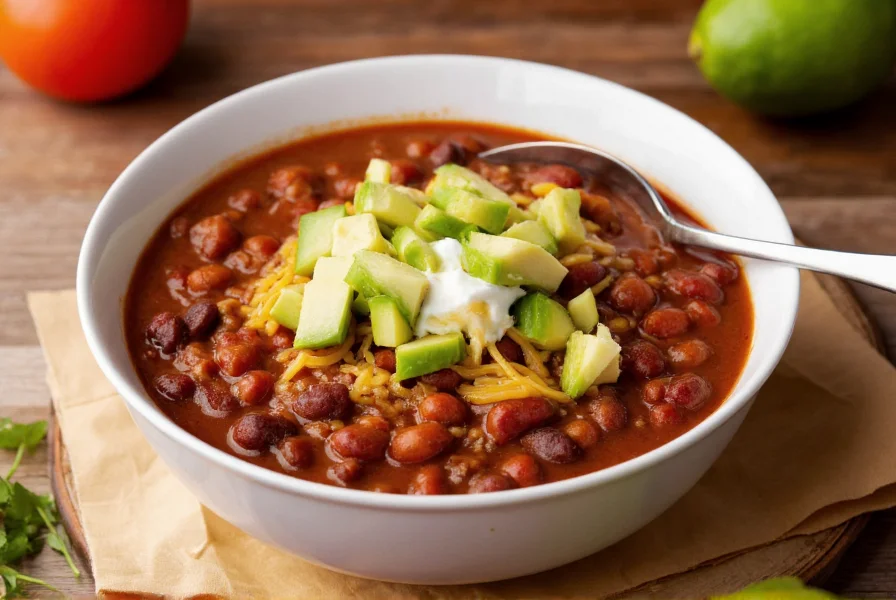 Bison chili served in bowl with traditional toppings including avocado, cheese, and sour cream