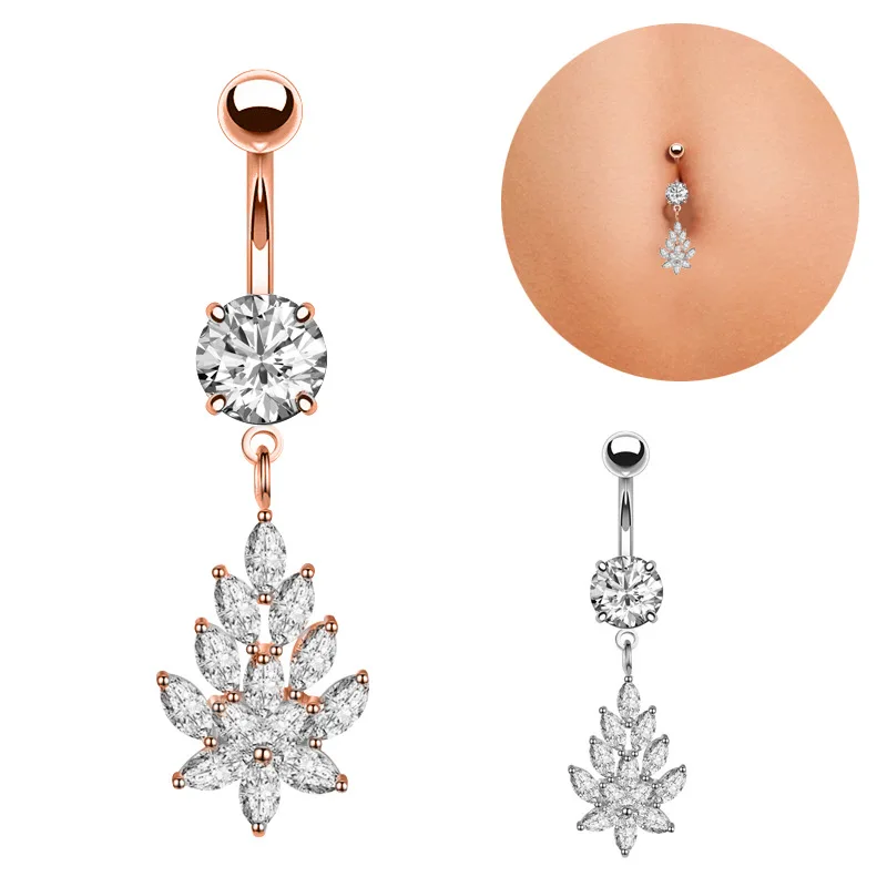

BBR-097 Rose Gold Plated Surgical Steel Belly Rings Piercing Flower Zircon Belly Button Ring Navel Body Piercing, As show picture