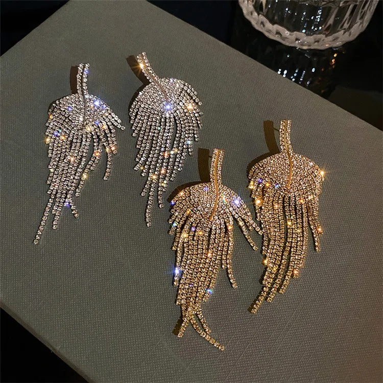

2021 European And American New Design Luxury Wedding Jewelry Full Rhinestone Crystal Tassel Leaf Drop Earrings Party, Silver color /gold color