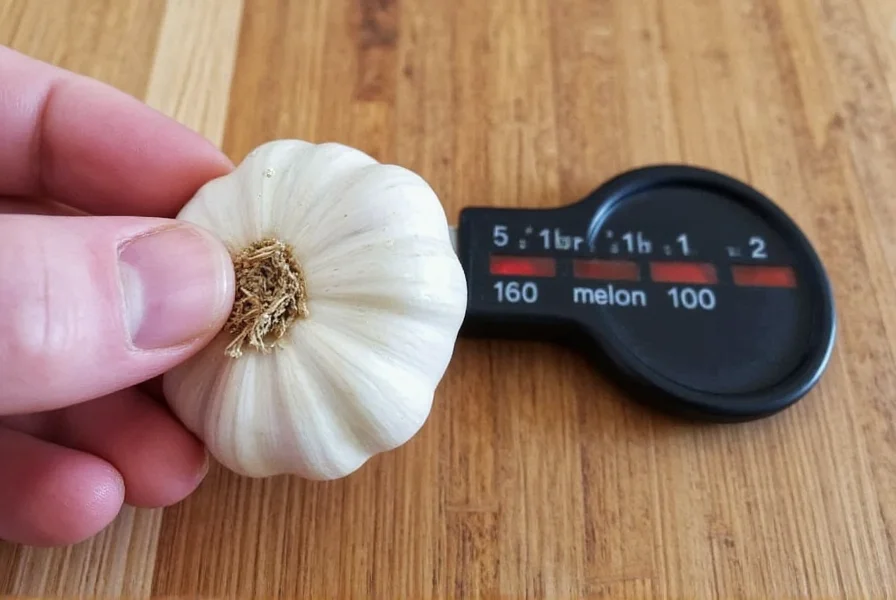 Garlic cloves being measured on digital kitchen scale showing 5 grams