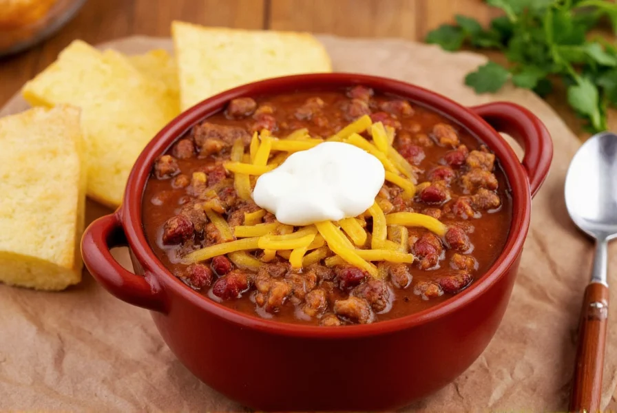 Classic beef slow cooker chili with melted cheese and sour cream topping in ceramic bowl