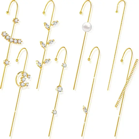 

Fashion Rhinestone Earring Simple Pearl Crystal Gold Hypoallergenic Piercing Cuff Wrap Ear Wrap Crawler Hook Earrings