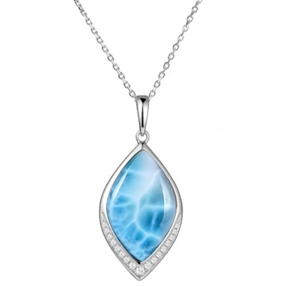 

Wholesale 925 Sterling Silver Jewelry Pave CZ Marquise Cut Blue Natural Larimar Pendant