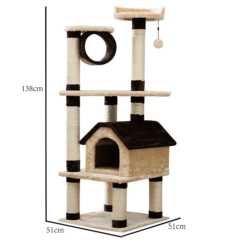 

Wood cat tree tower multi level condo cat furniture scratching sisal posts brown color, Brown or customized color