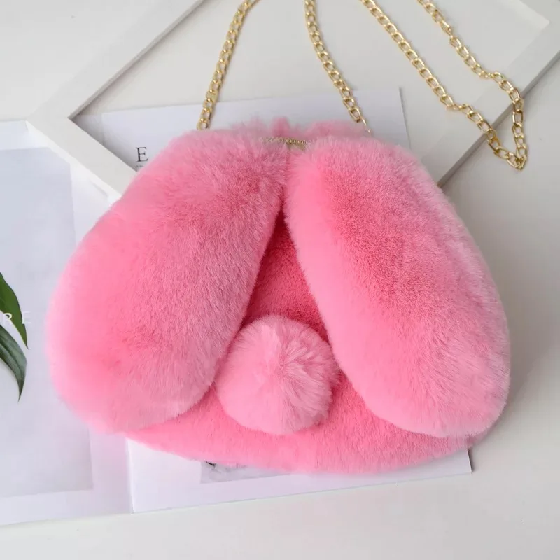 

Jtfur Cute Fashionable Shell Shape Shoulder Chain Bag Rabbit Ears Plush Bag Female Imitation Rabbit Fur Purse for Women, Customized color