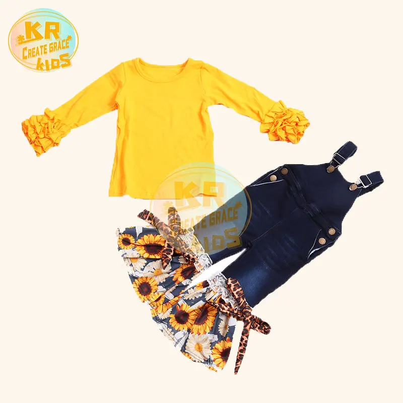 

Fashion yellow long sleeve shirt kids denim overalls bell-bottom jeans print girls clothing sets, Blue