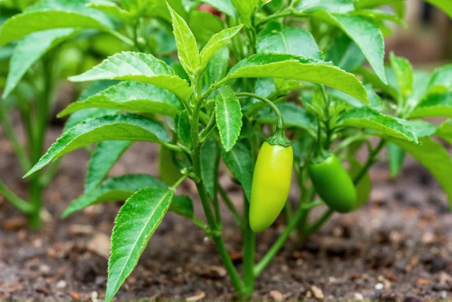 Jalapeno pepper plant growing in garden soil with healthy green foliage and small developing peppers
