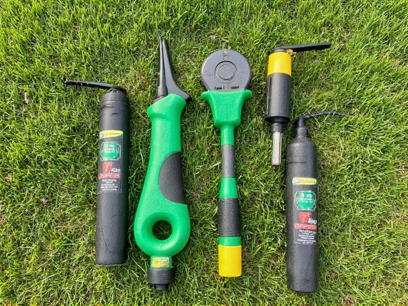 Essential DIY irrigation tools laid out on grass with labels
