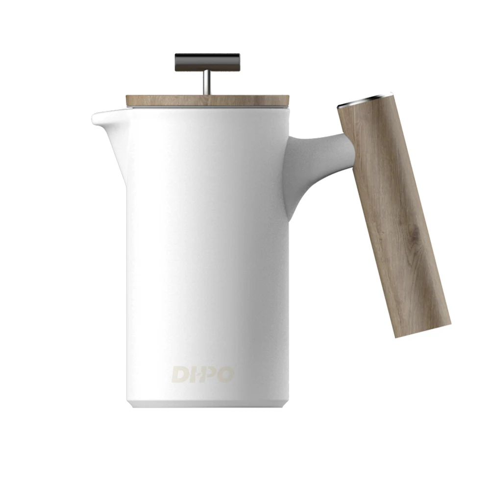 

DHPO Brand new matte ceramic 600ml French press coffee pot hand coffee kettle with wooden handle, Black, white, gray