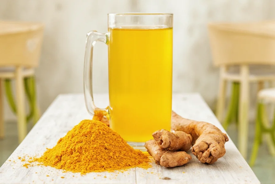 Turmeric root and golden turmeric water in glass