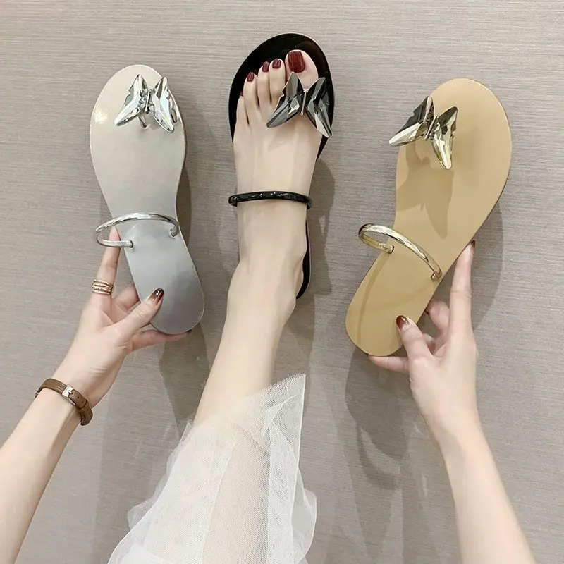 

2020 Summer new colorful butterfly rhinestone flip-flops low heel strap diamond cute sandals shoes for women, 4 colors