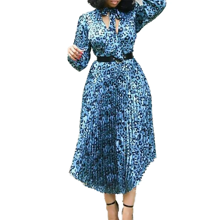 

D137T 2021 new autumn design European and American long sleeve printed V neck pleated women maxi dress casual dresses for women