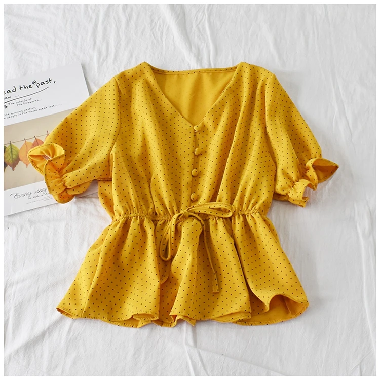 

cs205 New Girls' Sweet Dot Print Drawstring Short Sleeve Summer Crop Tops Korean Ladies Blouse Shirts Clothing Candy Color