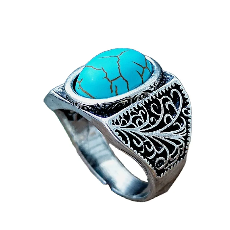 

Manly Personalized Carved Vintage Silver Color Natural Turquoise Men Ring Green Gem Male And Female Rings