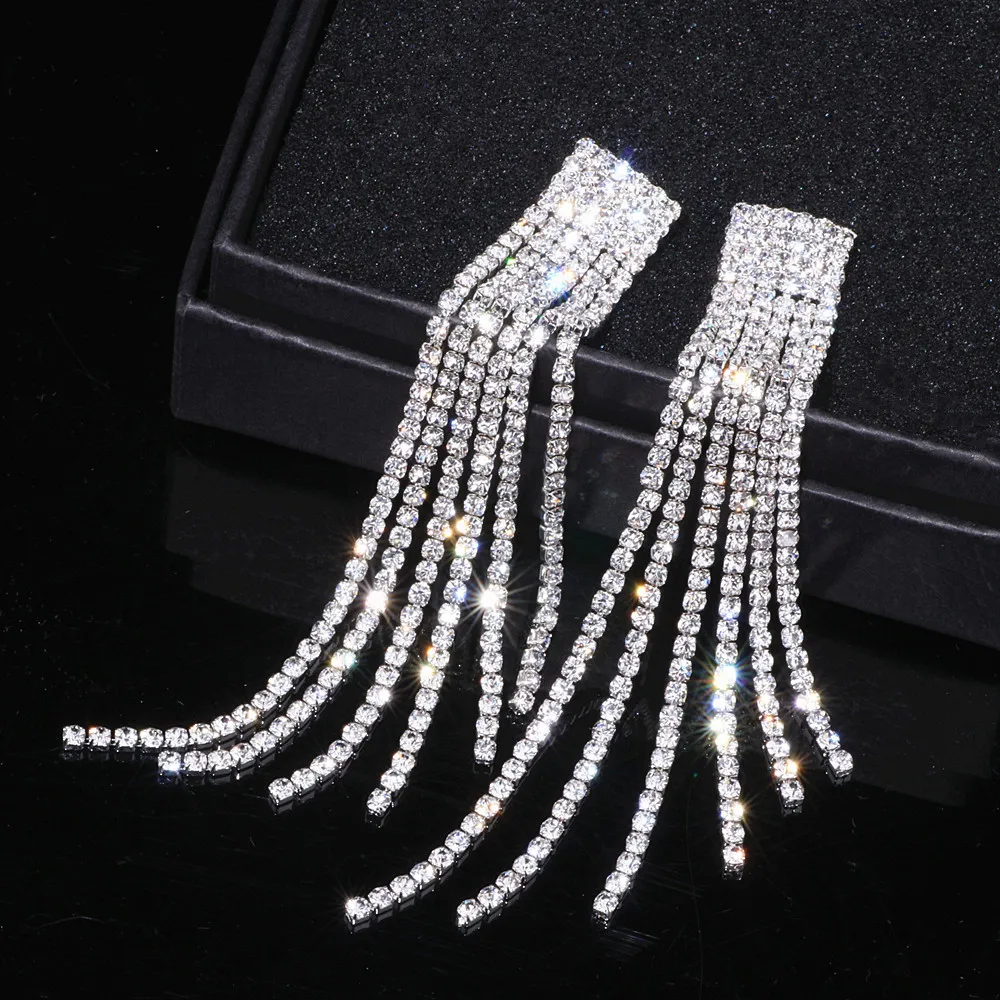 

New Silver Color Rhinestone Crystal Long Tassel Earrings For Women Bridal Drop Dangling Earrings Brincos Wedding Jewelry