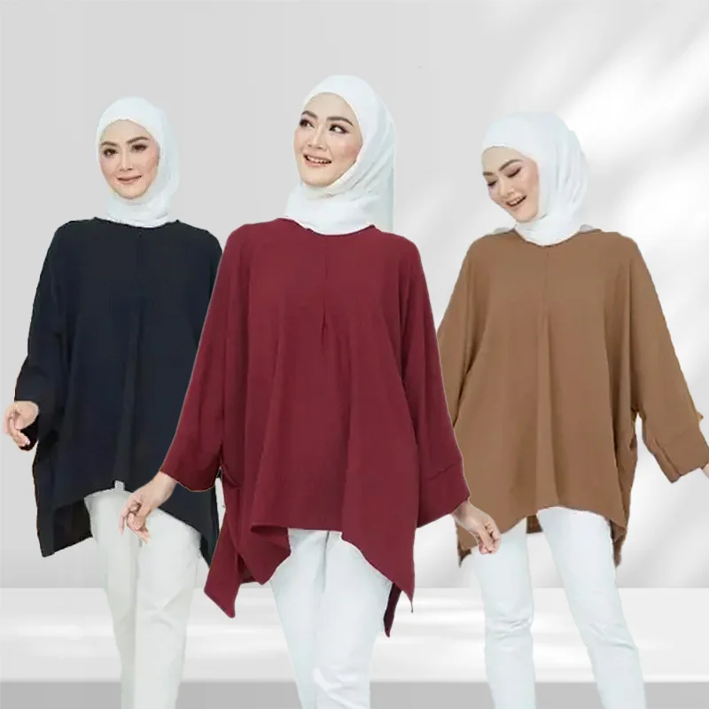 

Wholesale Malaysia Dubai Abaya Muslim Women Tops Long Sleeve Casual Crew Neck Modest Jazz Crepe Shirts Muslim Blouses