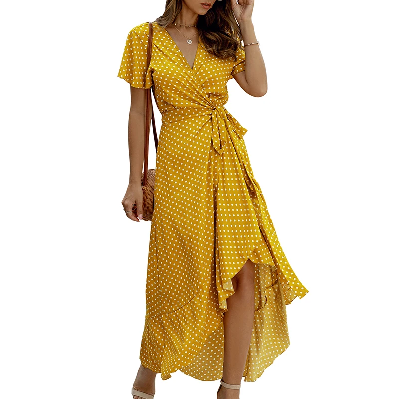 

Women Stylish Elegant V-neck Casual Polka Dot Long Ruffle Wrap Yellow Maxi Dresses, Black, yellow, green, pink, orange, light yellow