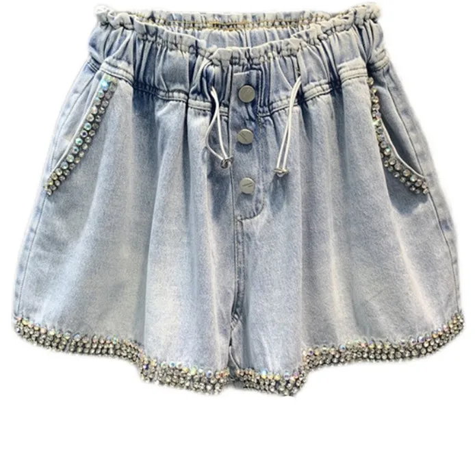 

2021 Summer Women's Clothing New Rhinestone Denim Shorts Plus Size Girl Female Loose Wide Leg Shorts A- Line Hot Pants