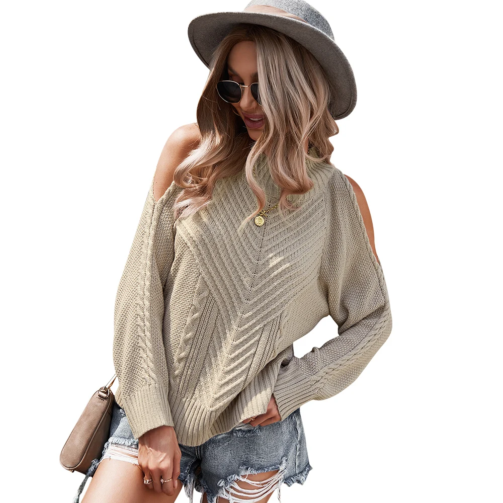 

2022 New Arrival Women Cold Shoulder Knitted Pullover Collar Off Shoulder Knit Sweater