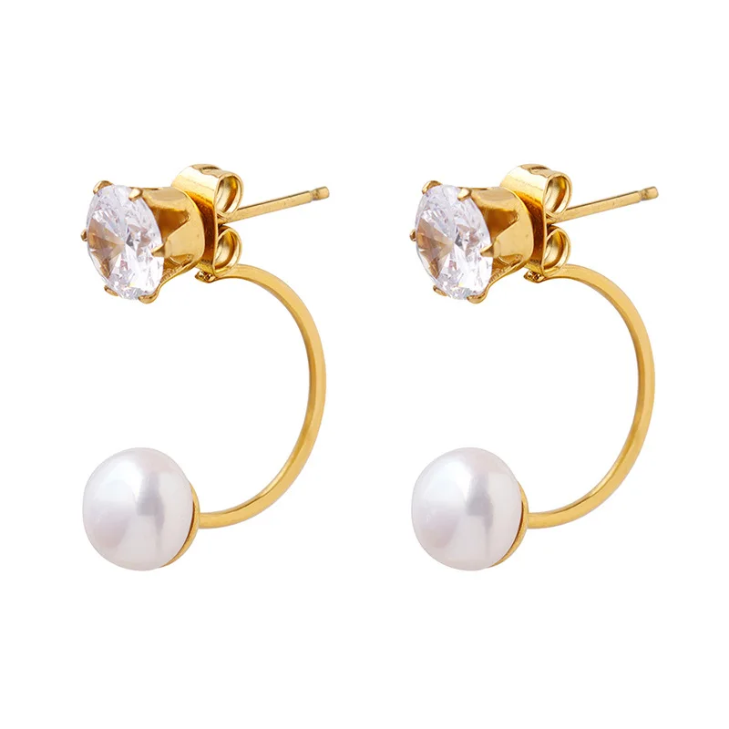 

Personalized 18K Gold Plated Stainless Steel Jewelry CC Shaped Pearl Cubic Zirconia Stud Earrings for Women